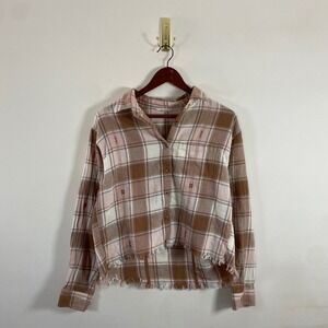 Lucky Brand Flannel Shirt Cropped Boxy Fit Raw Hem Small Cotton Pink Western